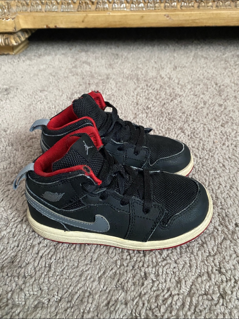 Air Jordan’s 1 retro Kids Black and Red High-Top Sneakers with Gray Swoosh
